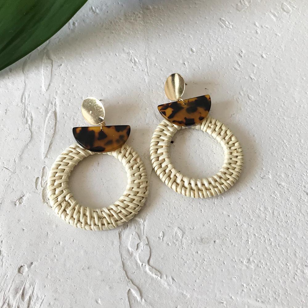 Rattan Diamant Geometrische Stroh Anhänger Ohrringe für Frauen