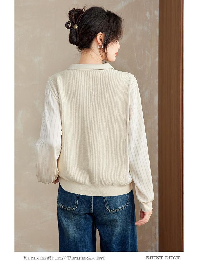 Women's Elegant Autumn Lapel Knitted Sweater, Fake Two-Piece Loose Top