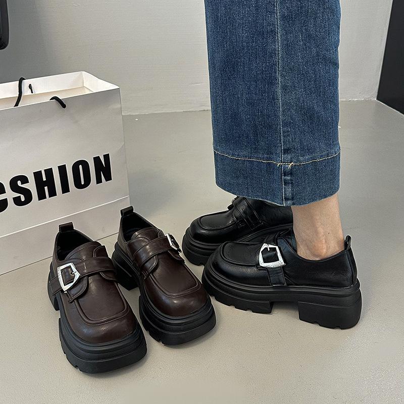 Black platform heightening loafers women's 2025 summer new British style single shoes French with skirt jk small leather shoes
