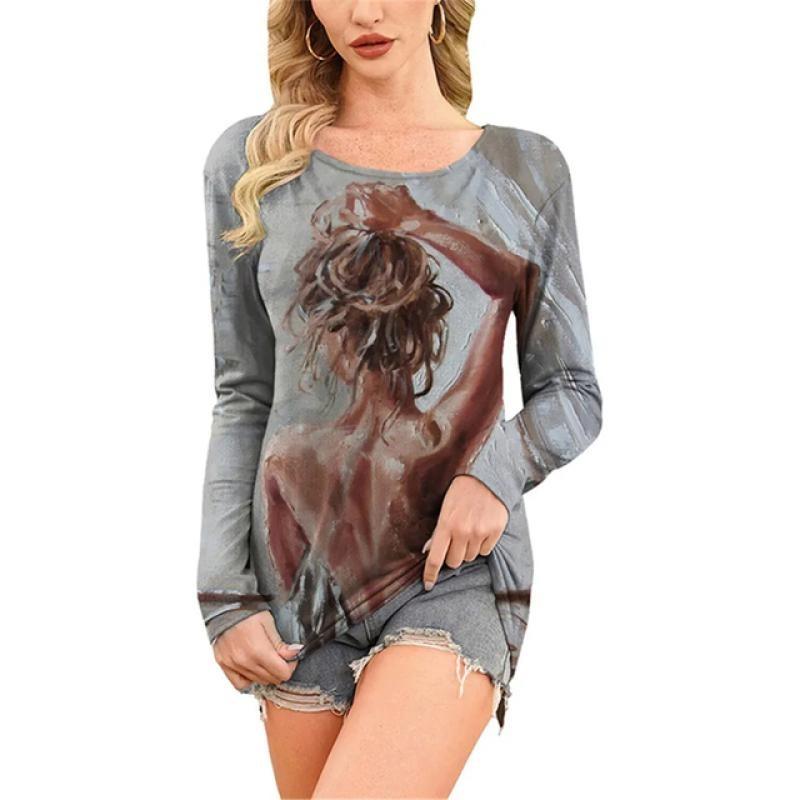 European and American Fashion Oil Painting Style Printed Casual Long Sleeved T-shirt O Neck Oversized Tees Tops Women's Clothing