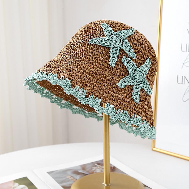 New Contrasting Color Star Big Brim Woven Straw Hat Women's Sunscreen Sunshade Sun Hat Beach Bucket Hat