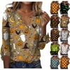Loose Fit Women V Neck Halloween Print Bell Sleeve Three Quarter Sleeve Casual T Shirt Top for Autumn and Spring