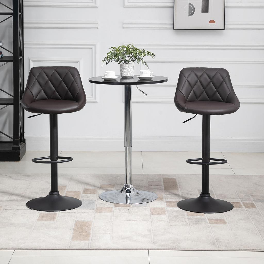 Set of 2 Adjustable Bar Stools with Backrest and Footrest, Metal Base and Faux Leather Seat, 46x48x83-104 Cm, Brown and Black