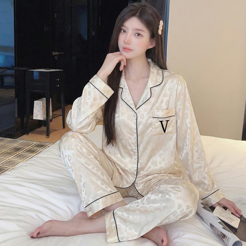 Ice Silk Pajamas Women'S Spring And Summer Thin Long-Sleeved Trousers Fashion Cool Cardigan Loungewear Suit Can Be Worn Outside