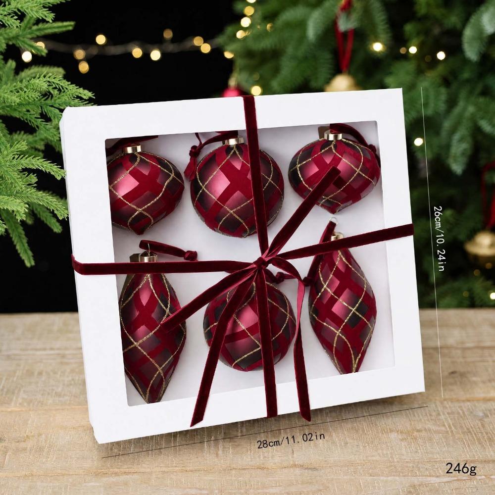6Pcs Onion Shaped Rhinestone Christmas Bauble Flocked Xmas Tree Pendant Holiday Party