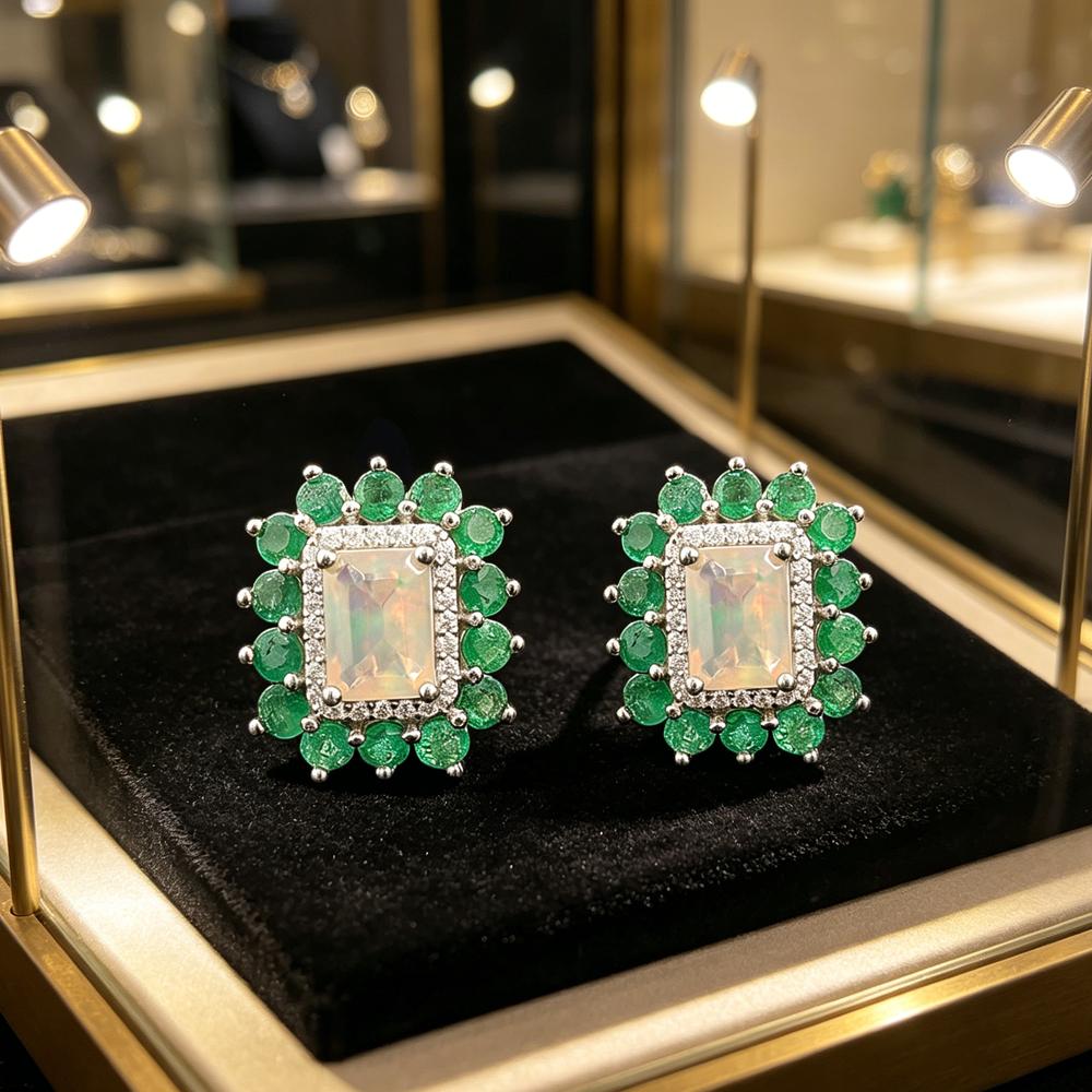 Women's Classic High-End Silver Earrings with Natural Ethiopia Opal & zambia Emerald Gemstones Fine Jewelry