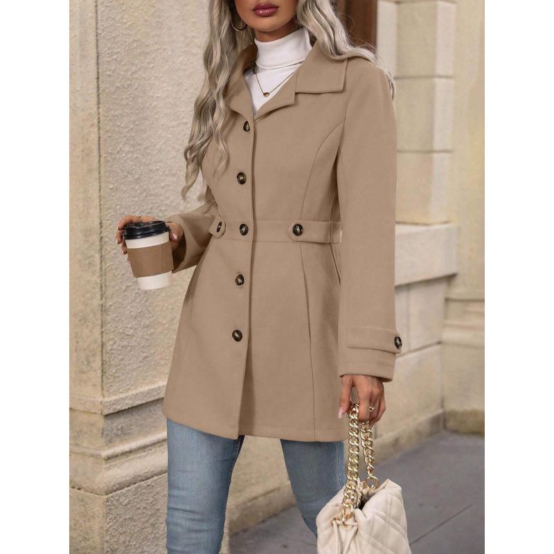 Abrigo de Lana Elegante de Longitud Media con Botón de Solapa y Diseño Entallado