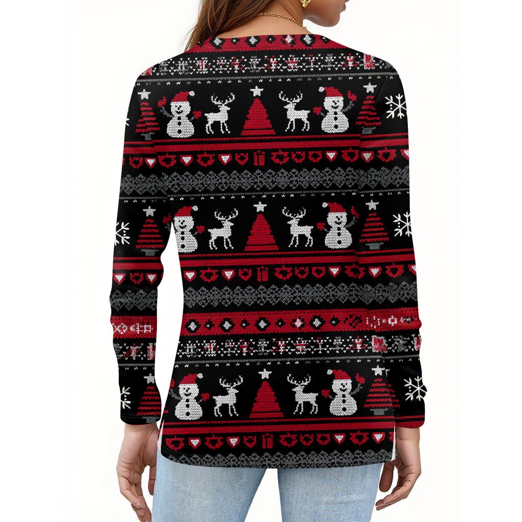 Women's Fashion Hem Slit Casual Christmas Printed Round Neck Long Sleeve Top