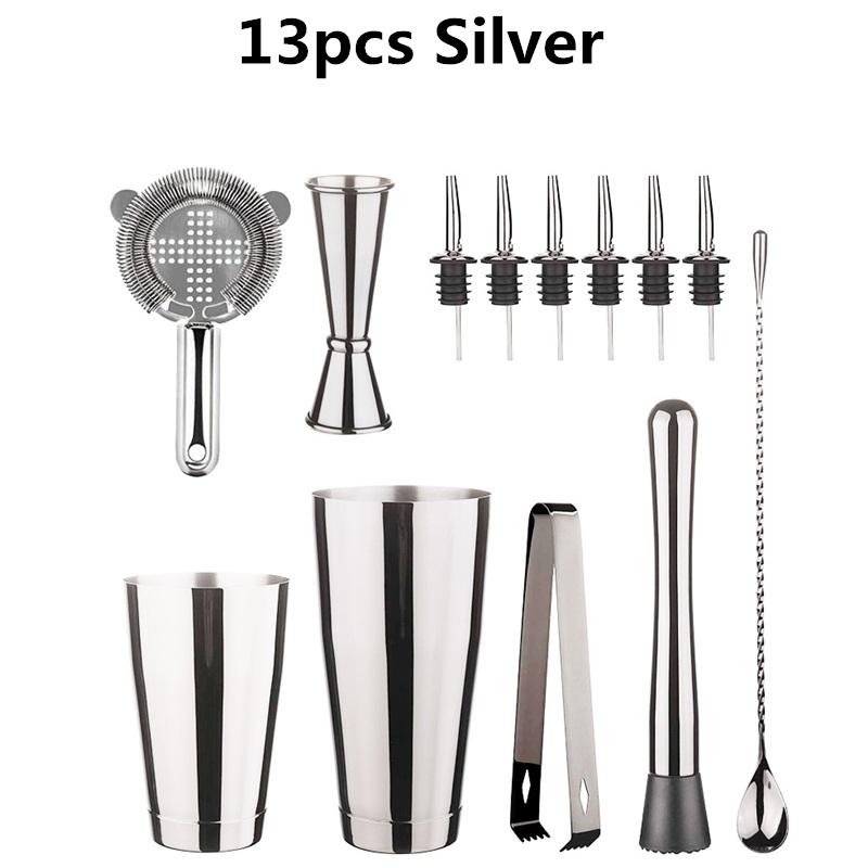 Koktejl Shaker Bar Set: 2 vážené Boston shaker, cedítko na koktejly, odměrka, muddler a lžička, kleště na led a 6 nalévátek na lahve