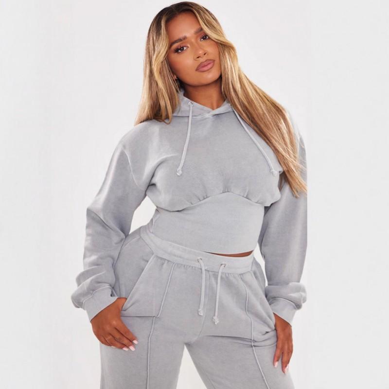 Waist Sexy Fashionable Hooded Drawstring Sweater Lace Trousers Two-piece Set