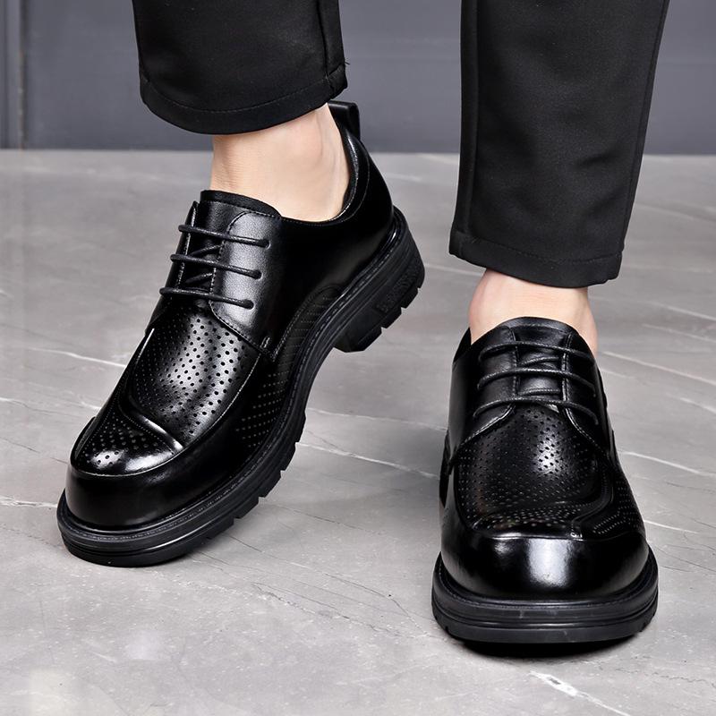 Men's Summer Breathable Lace-Up Leather Shoes - Versatile, Comfortable, Trendy, Perforated, Thick Sole Casual Footwear.