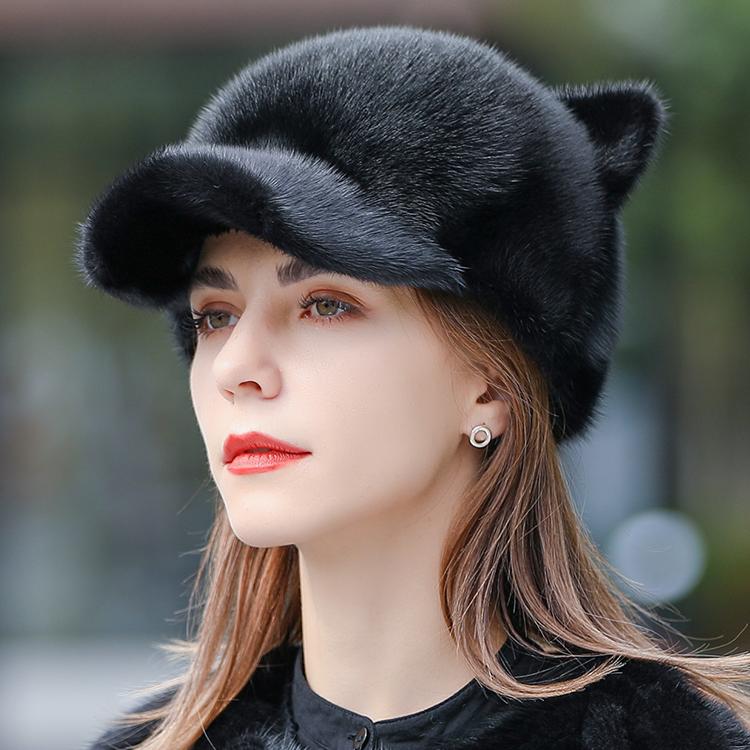 Whole Mink Hat for Women Winter Korean Cute Girls Versatile Fur Warm Cat's Ears (Steamed Cat-ear Shaped Bread) Fur Hat