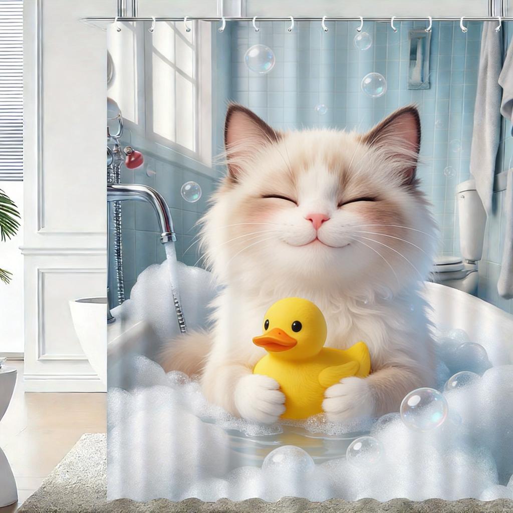 Cute 3D Cartoon Penguin Bathing with Bubbles Waterproof Shower Curtain - Fun Bathroom Decor