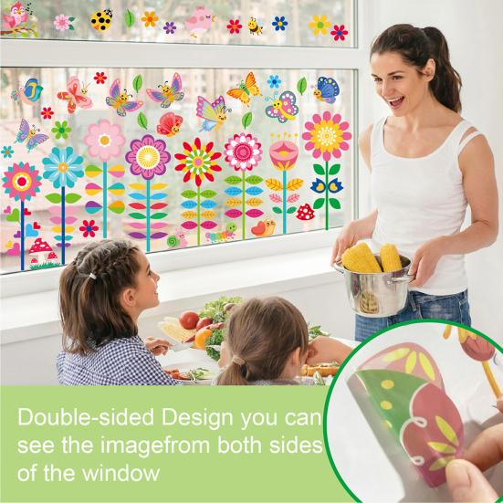 9 Sheets Hello Spring Window Clings Floral Gnome Butterfly Birds Bees Glass Stickers Reusable Static PVC Decals for Home Classroom Office Decor