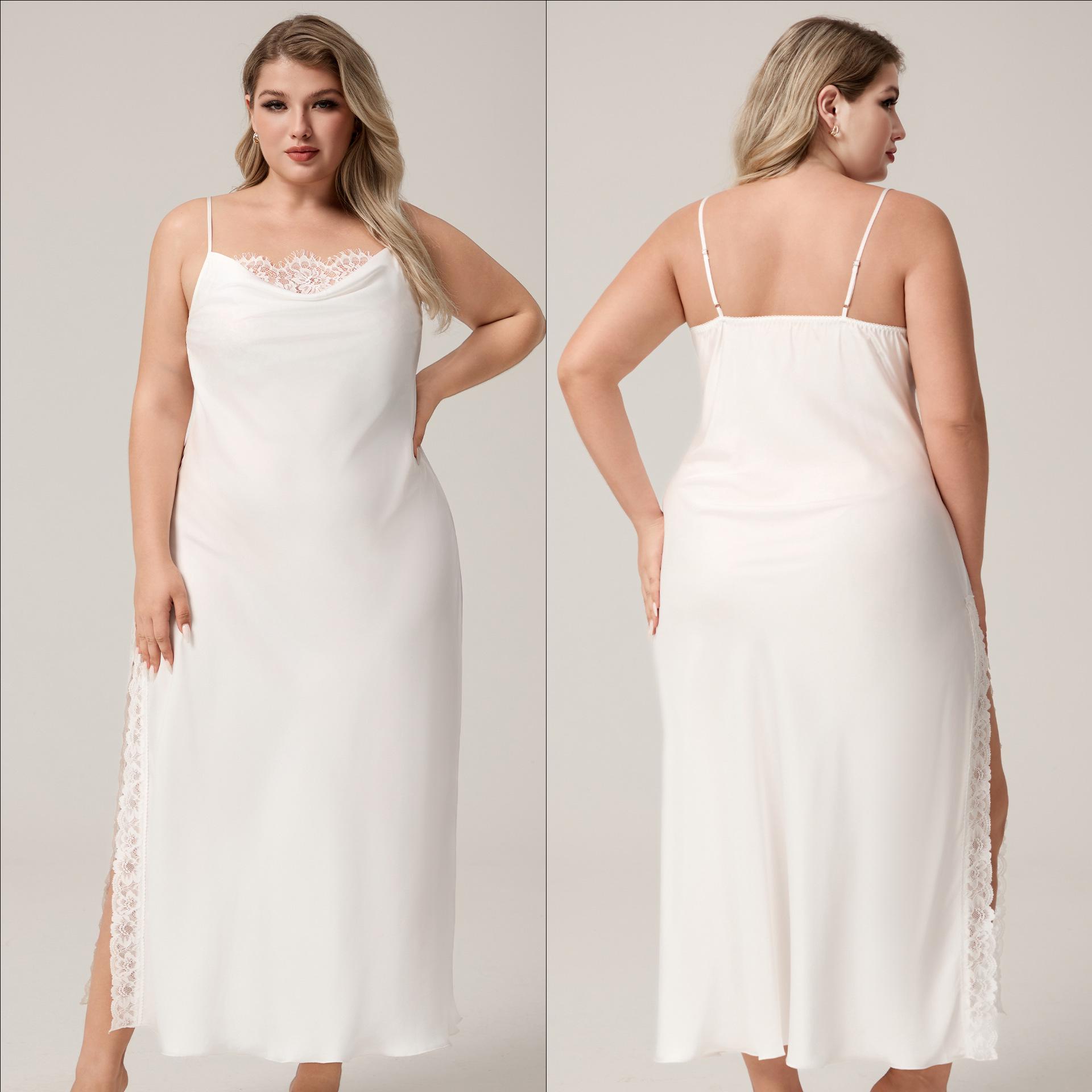 

Яотин Европейский Большой Размер Атласное Кружево Шифон Майка Ночная Сорочка SQ7005 5XL белый