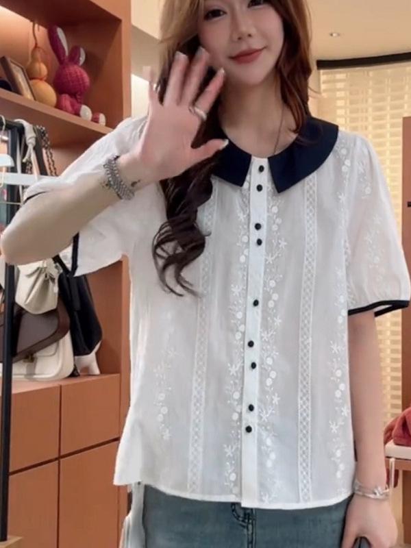 European Color-Block Peter Pan Collar Lace Embroidered Short-Sleeve Women’s Loose-Slimming Top