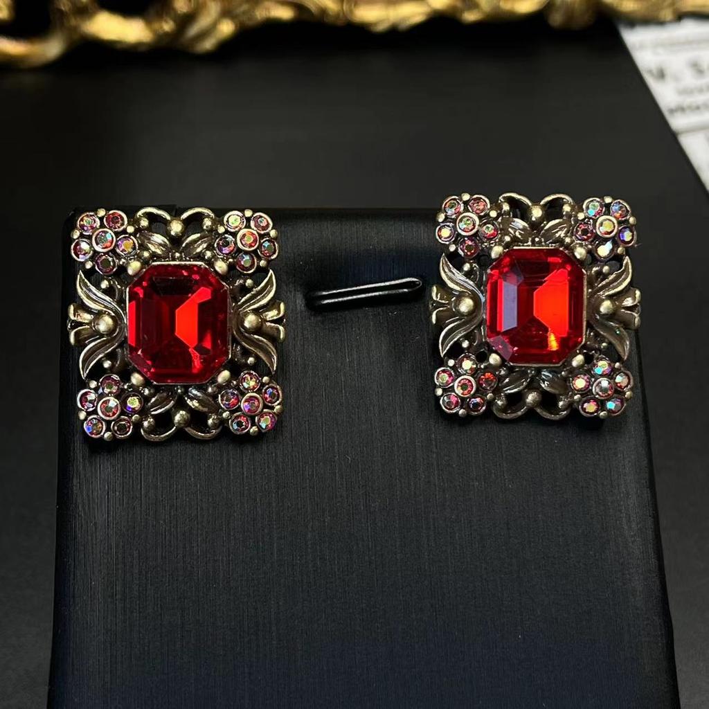 Antique Jewelry Vintage Large Ruby Earrings Heavy Industry Palace Style Geometric Square Rhinestone