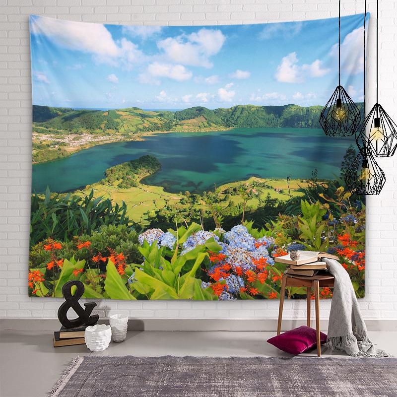 Mountains Lake Flowers Wall Art Decorative Aesthetic Tapestry Backdrop Wall Decor Living Room Bedroom Room Home Decor Tapestry