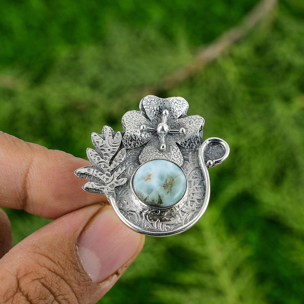 Gift For Her 925 Silver Natural Larimar Multi Stone Flower Adjustable Ring