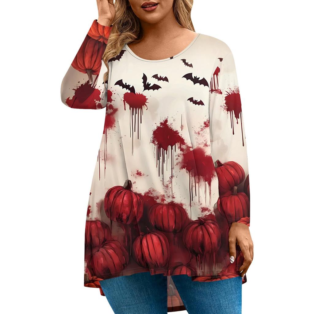 Women's Fashion Large Size Round Neck Long Sleeve Casual Halloween Print Loose Pullover Top