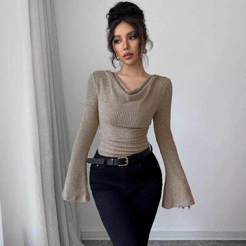 Women Solid Off Shoulder Slim Fit Ribbed Knit Long Sleeve Commute Bottoming Top