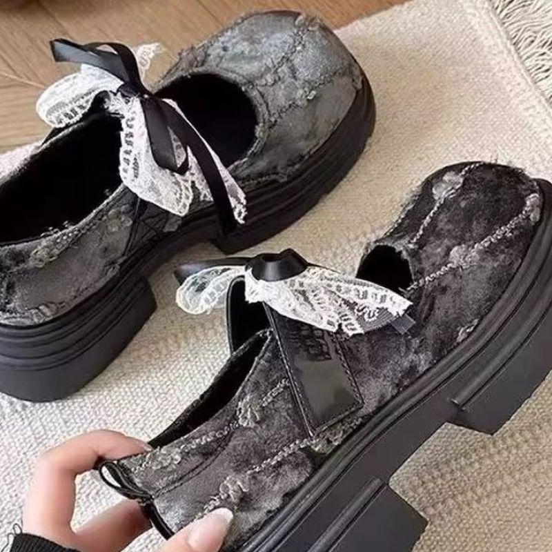 Platform Women's Autumn Lace Velcro Flower Big Head Shallow Mouth Mary Jane Single Shoes