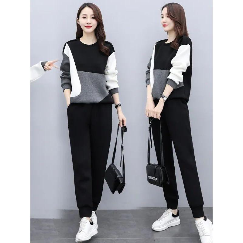 Plussstørrelse Elegant Aldersreduserende Fargeblokk Genserjakke Todelt Sett Dame Casual Sportsklær Ankomst Vår