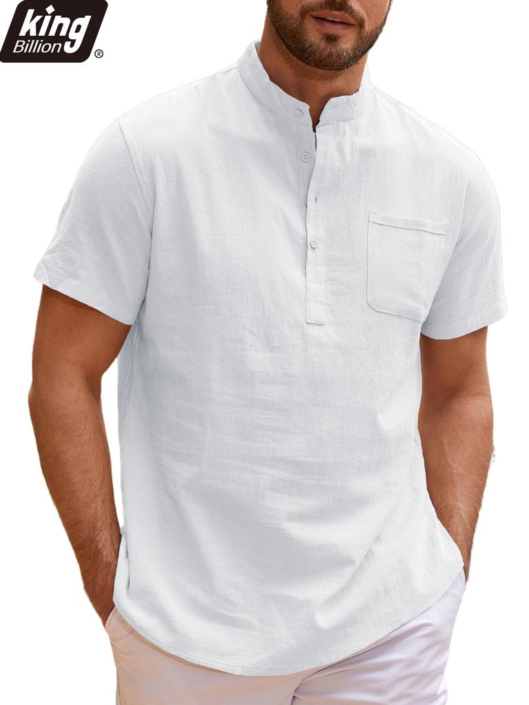 Summer New Men's Lightweight Cotton Linen Short Sleeve Henley Neck T-shirt - Breathable Casual Basic Style Solid Color Tops