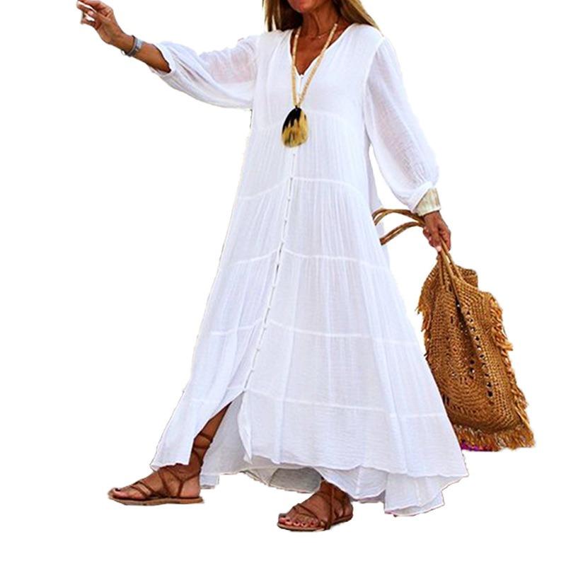 Women Solid Color V Neck Loose Long Sleeve Bohemian Midi Dress