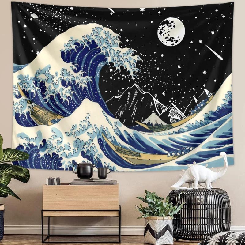 VIKAMA Kanagawa SurugaIchi Tapestry Ukiyoe Japanese Wave Wall Hanging Cloth Bedroom Dormitory Tapestry Home Decoration