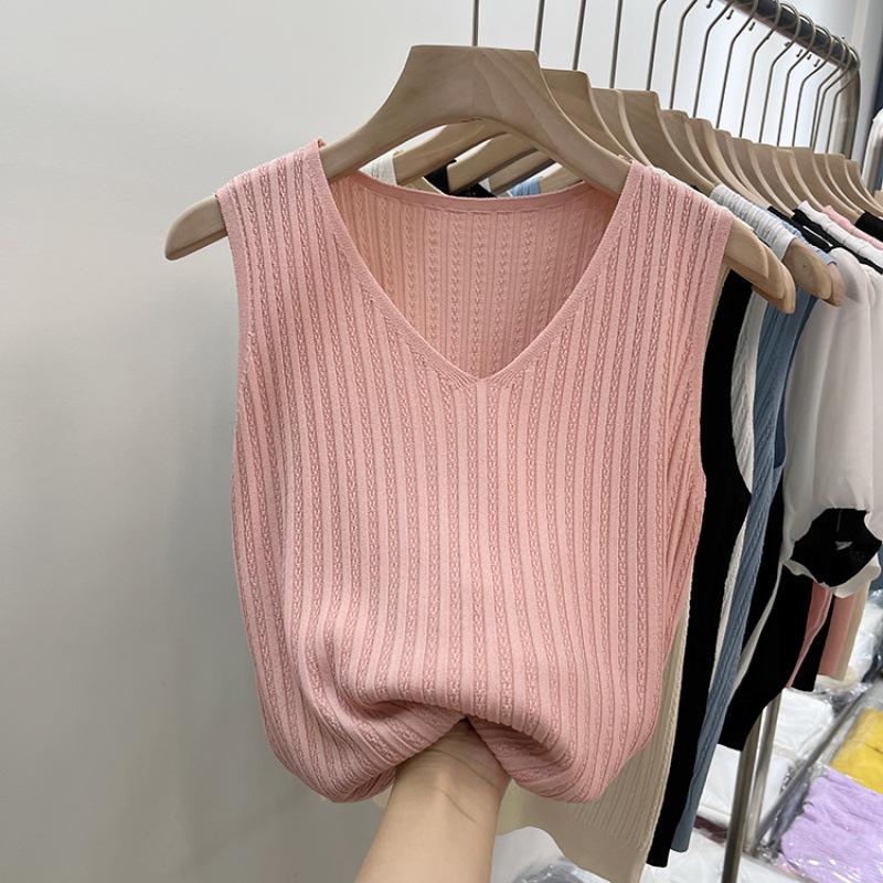 

2026 New Women s V-Neck Ice Silk Knit Camisole Top - White, Sleeveless, Thin Style Small One Size
