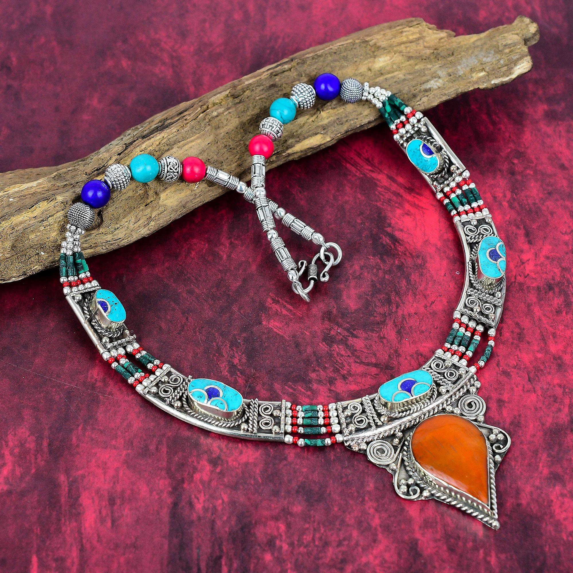 

Turquoise, Coral Necklace, Gemstone 925 Solid Sterling Silver Jewelry Necklace, Handmade Jewelry Birthstone Nepali Necklace 18 Inches