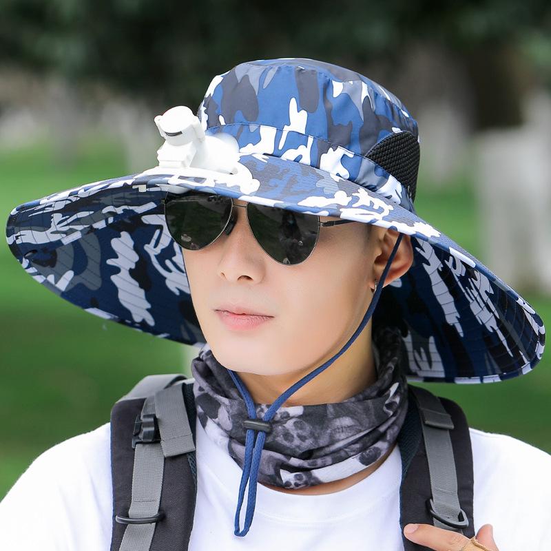 New sun hat with fan men's and women's summer outdoor fishing sun protection hat face cover print mountaineering big eaves bucket hat