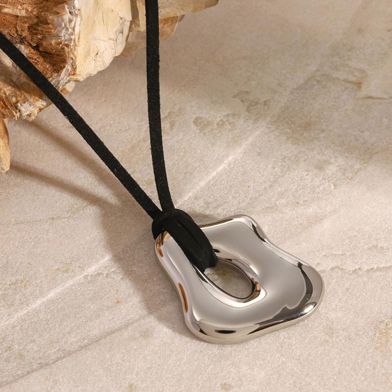 Trendy Irregular Geometric Metal Pendant Necklace Stylish Wax Rope Neckchain Handmade Jewelry Gift for Women Girls