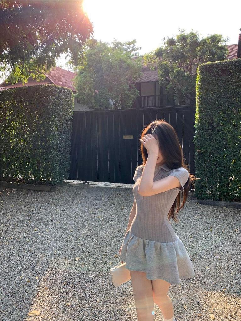 Women's Slim Fit Gray Polo Dress - Short-Sleeved, Waist-Cinching, A-Line Petite Summer Dress