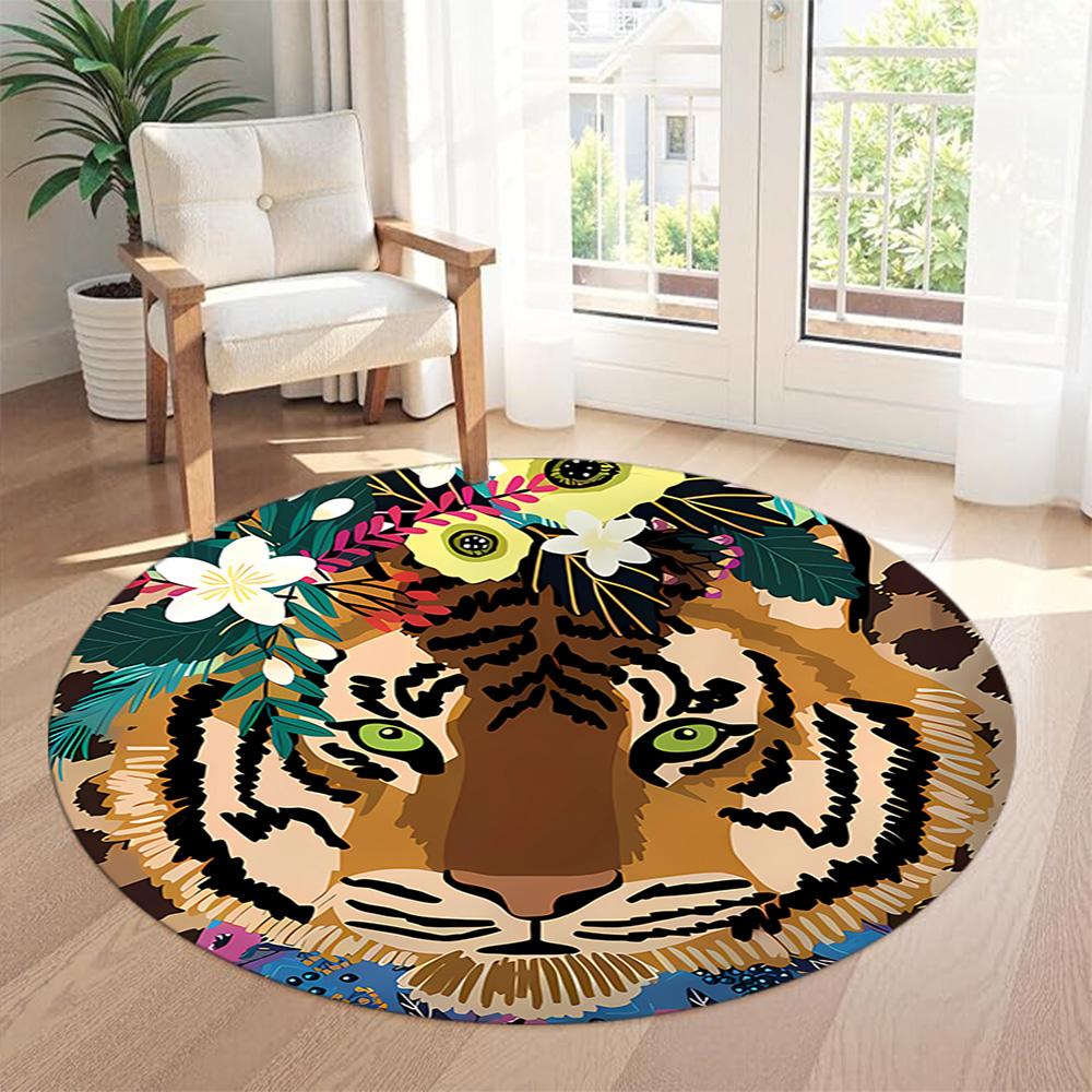 Tiger Round Office Rug Design for Dining Room Playrooms Kitchen Entryway Anti-slip Round Rug Decorate Offices Birthday Christmas Gift