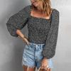 Slim Looking Square Collar Fashion Print Pullover Long Sleeves T-shirt