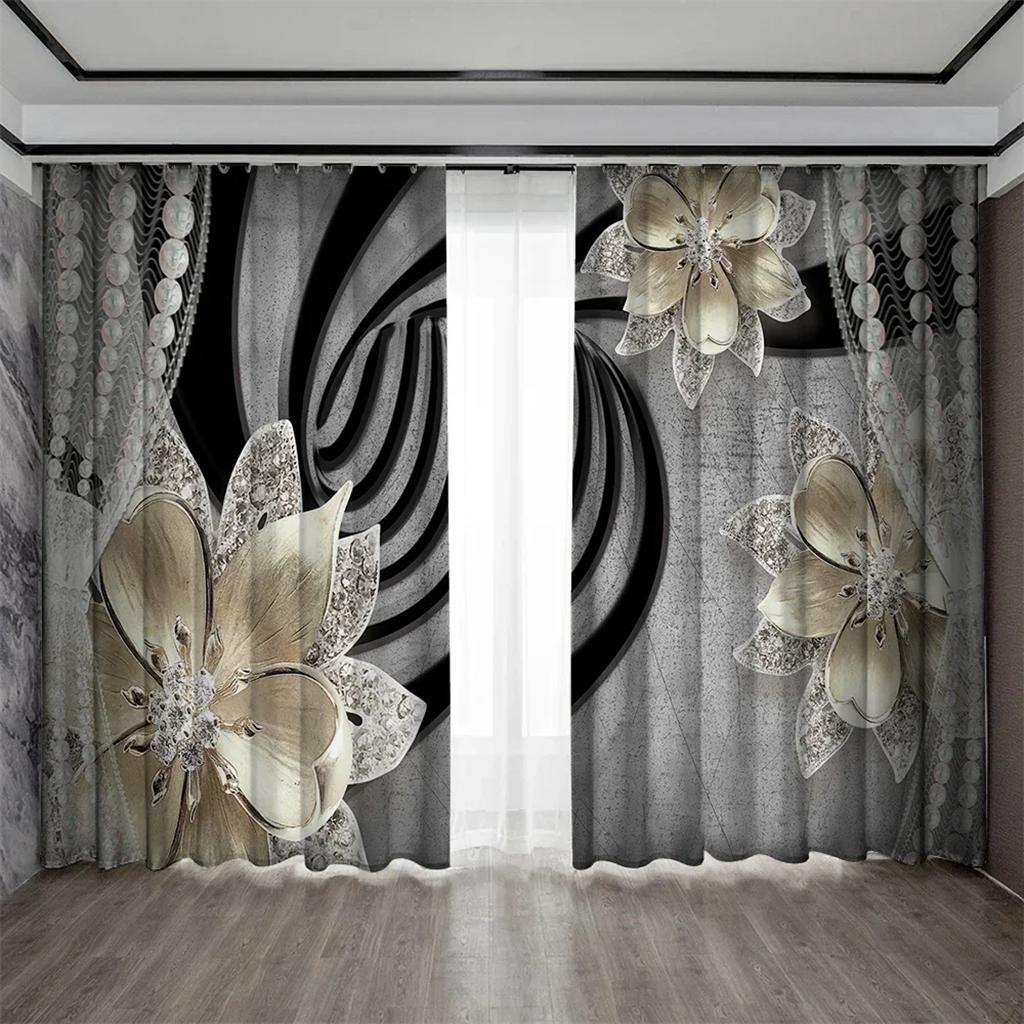 Ilusão Espiral Moderna Luxo Mulheres Menina Luz Filtrando Cortinas Decoração de Flores 2 Painéis Cortinas Finas Para Quarto Sala de Estar