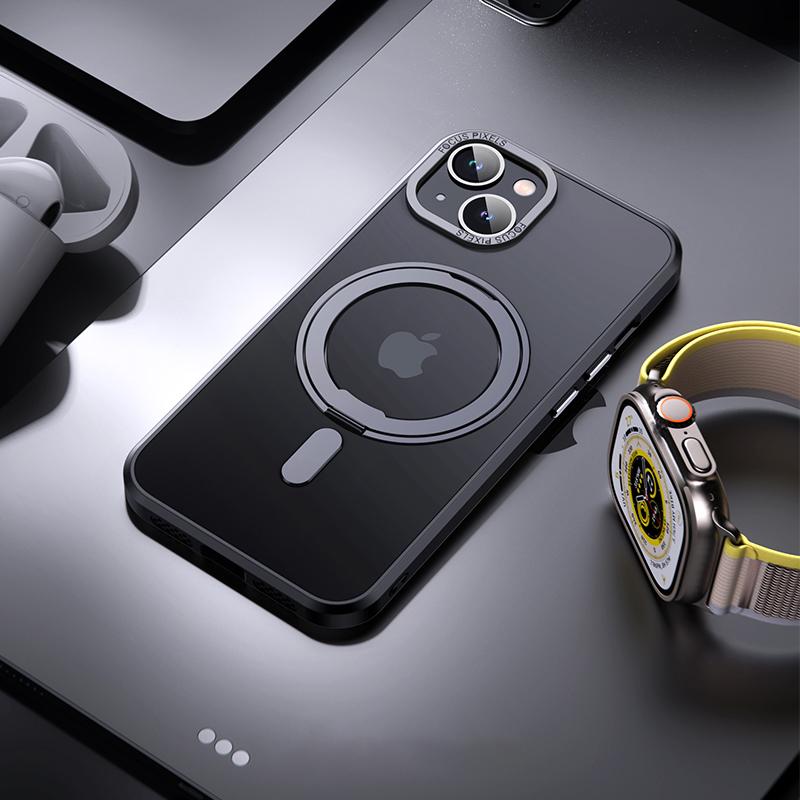 

For iPhone 15 Case Rotary Ring Kickstand TPU+PC Matte Phone Cover Compatible with MagSafe Black