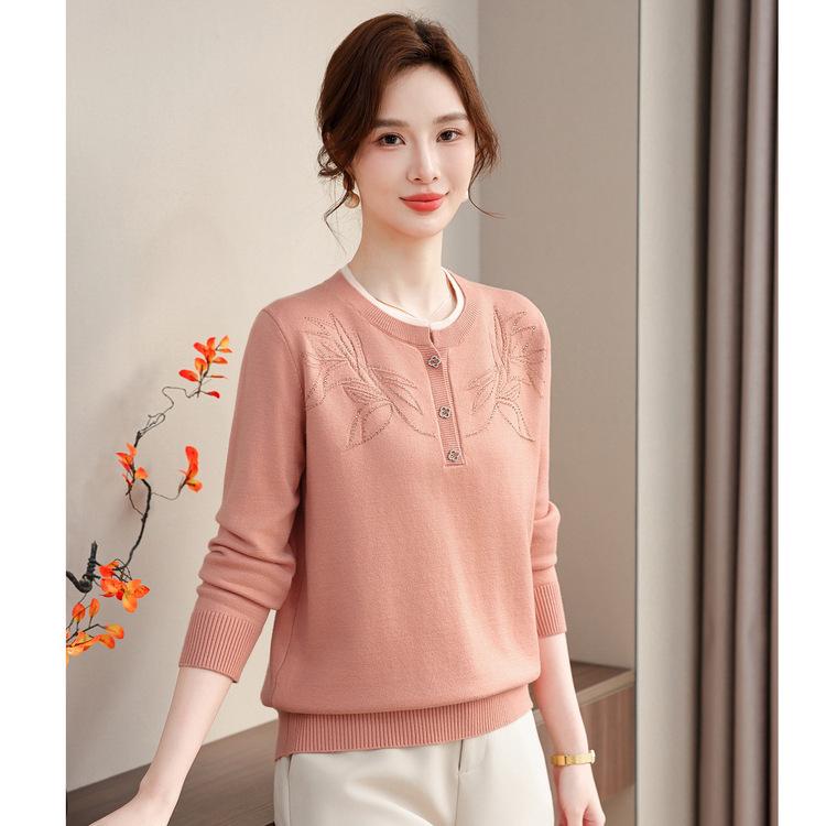 Spring and Autumn New Fashionable Base Shirt for Middle-aged and Elderly Women's Clothing Diamond Knitted Sweater Sweater