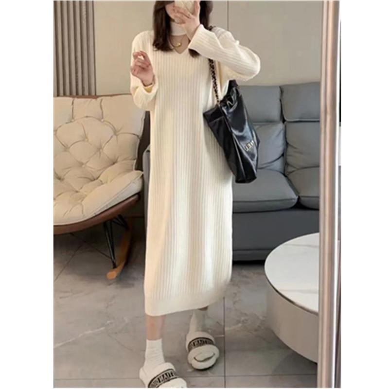 Autumn and winter soft waxy sweater skirt medium and long neck design loose and thin inside bottom knitted dress women