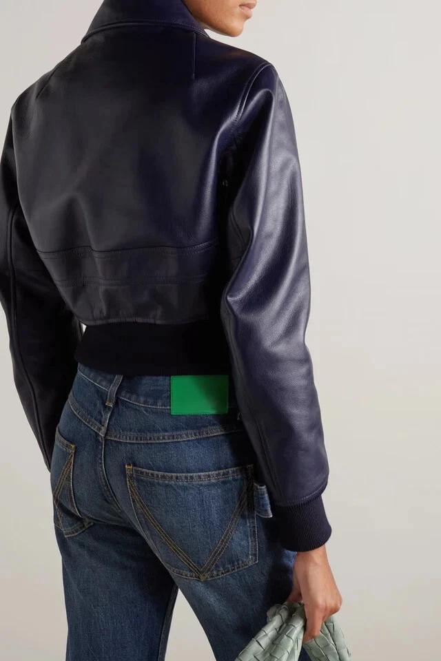 New Stylish Women's Navy Blue Genuine Lambskin Leather Jacket Biker Motorcycle