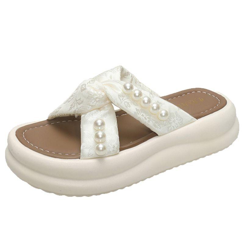 Pearl national style outer wear with skirt slippers girl 2025 summer new fairy style sandals fashion beach one-word drag tide