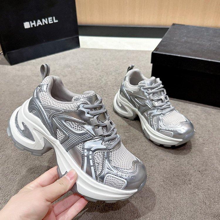 2025 spring and summer leather thick-soled breathable mesh heightening dad shoes space silver thick-soled casual sports shoes women's shoes