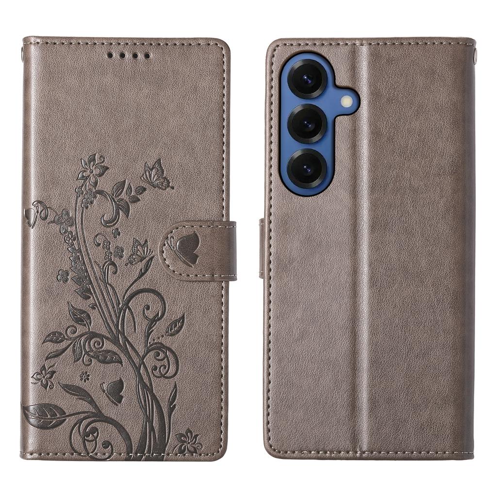 For Samsung Galaxy S26+ Wallet Case Butterfly Floral Imprint PU Leather Phone Cover with Wrist Strap