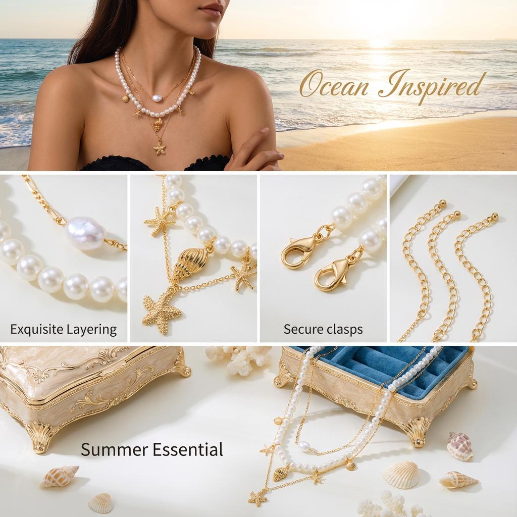 Boho Shell Starfish Shape Pendant Necklace for Women Elegant Imitation Pearl Layered Chain Necklace Trendy Summer Beach Jewelry