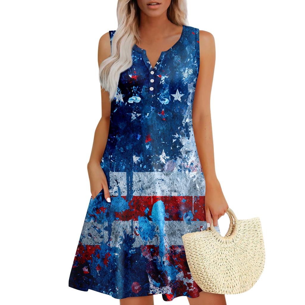 Damen Sommerkleider Lockeres V-Ausschnitt Ärmelloses Sommerkleid Kleid Mit Taschen