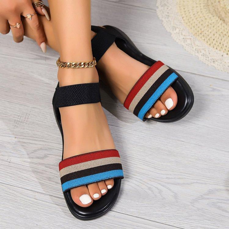

2025 summer new trend large size wide strip sandals women s color matching feet European and American style flat beach shoes 43