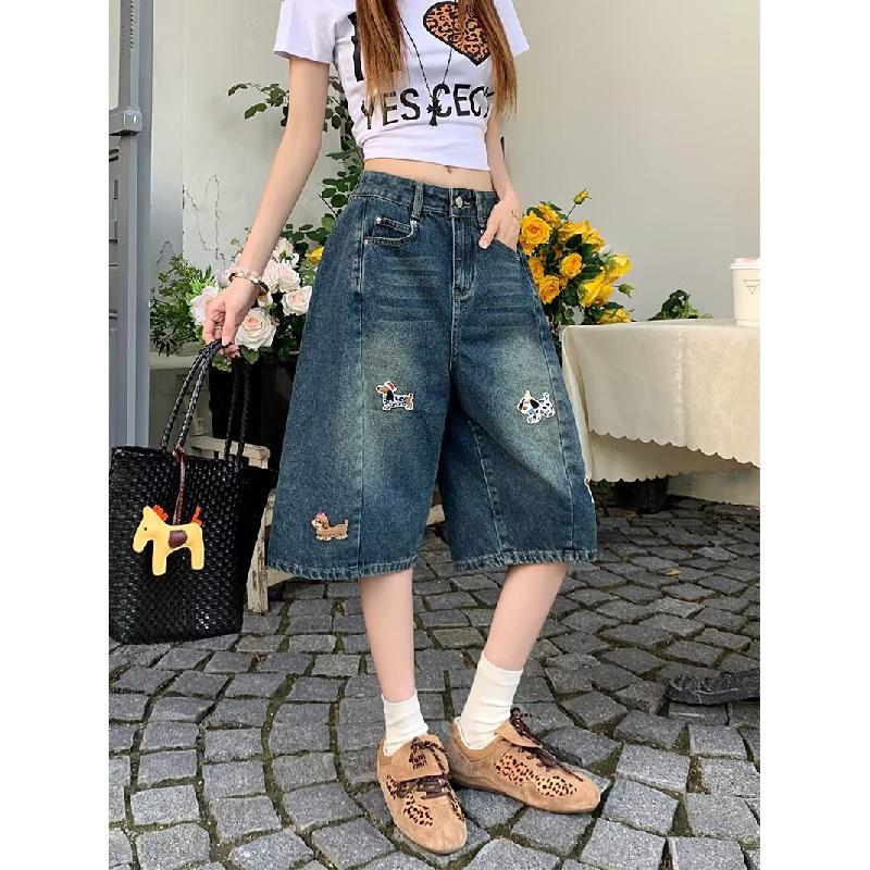 Stylish Embroidered Women's Denim Shorts 2026 Summer Loose Wide-Leg Straight Pants