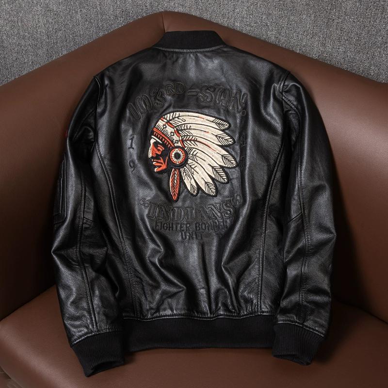 Genuine Leather Baseball Jacket Mens Indian Style Biker Coat Autumn Outerwear Large Size Pure Cowhide